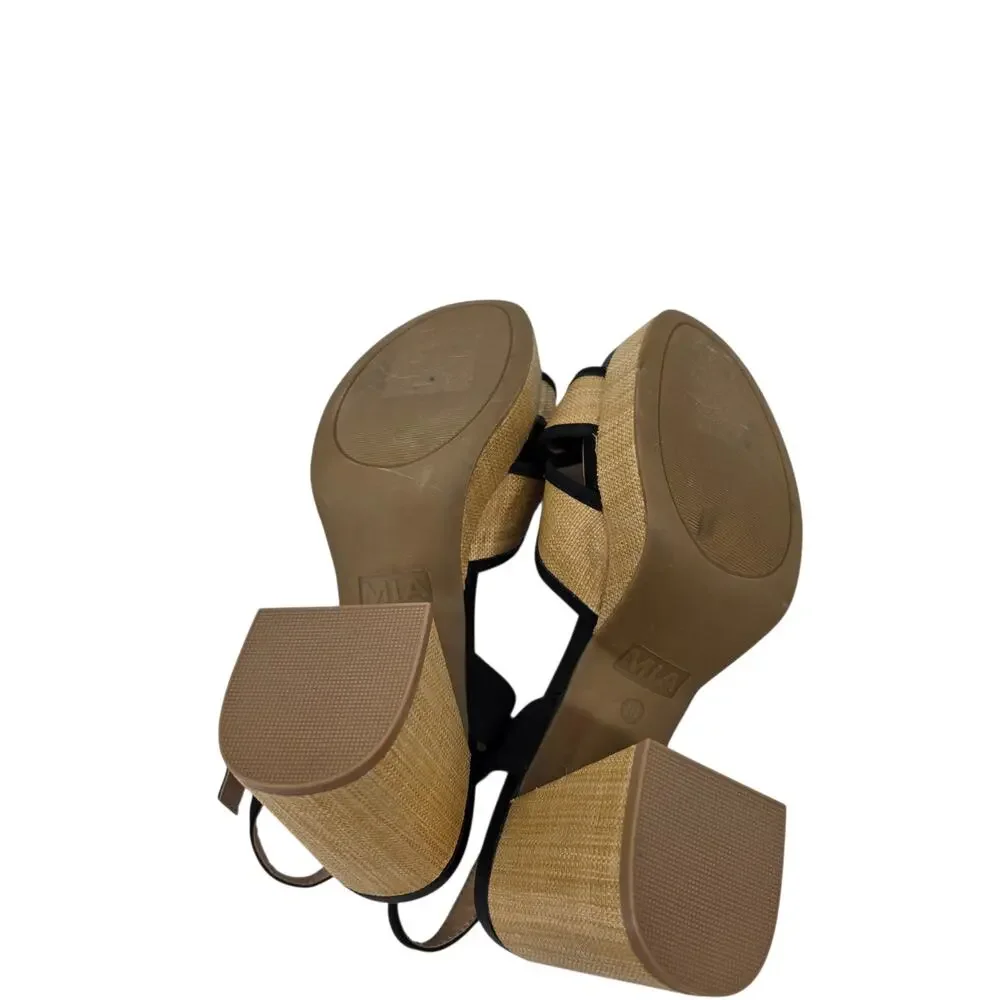 NWOT MIA Tan & Black Woven Roxie Platform Block Heel Ankle Strap Sandals Size 10